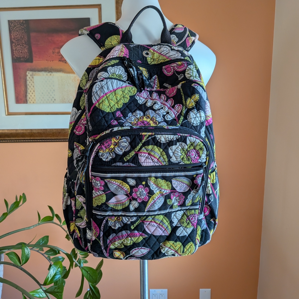 Vera Bradley Black Quilted Backpack with Pink & Green Floral Pattern